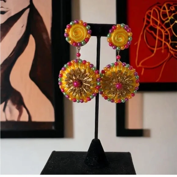 1990s Colorful Pierced Statement Earrings - Picture 2 of 2